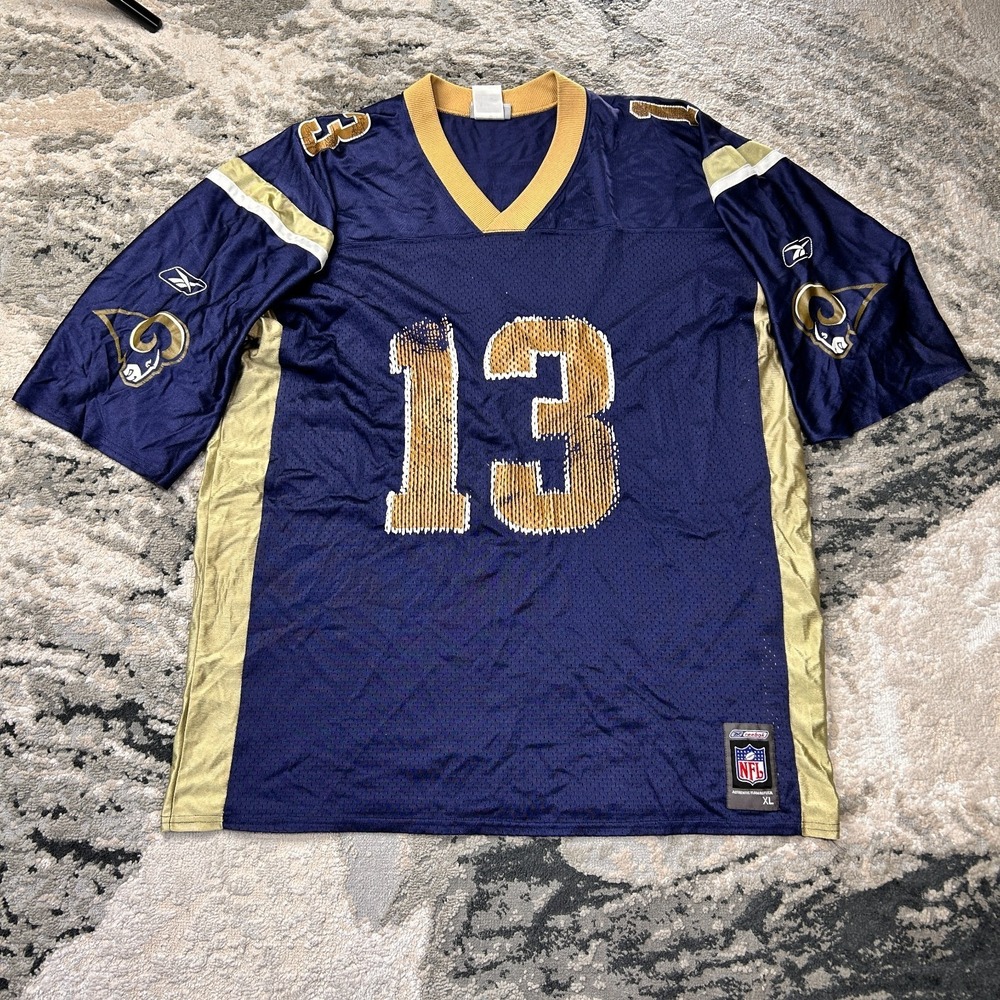 Reebok‎ Jersey Mens XL Purple Gold St. Louis Rams Ram Head Logo Kurt Warner #13